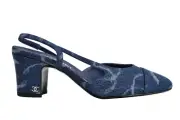 Chanel 23B Coco Sling Dark Blue Denim White CC Logo Slingback Block Heel 38