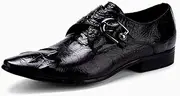 [Generic] Slip On Monk Strap Work for Men Oxford ShoesGenuine Leather Crocodile Embossed Pointed Toe Block Heel Solid Color Men's Leather Shoes