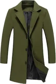 Men's Work Business Coat Classic Trench Overcoats Mid Long Wool Blend Top Pea Coats Winter Jackets Green m