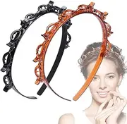 JASSINS 2 Pcs Bangs Hairstyle Hairpin Headband, Professional Weave Bangs Clip, Toothed Headband Braid Tool, Women Girls Fashion Hair Accessories (Black and Brown)
