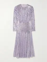 [RIXO] RIXO - Cerise Gathered Sequined Stretch-tulle Midi Dress - Lilac - UK 18 UK 18 Purple