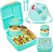 [SlowTon] Kids Lunch Box Set, Leak-proof Bento Box with 4 Compartment, 10oz Stainless Steel Soup Thermo & Lunch Bag, BPA Free Lunch Food Container for Boys Girls School and Travel