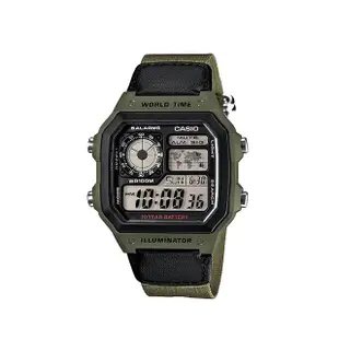 【CASIO 卡西歐】AE-1200WHB 空中飛人 迷彩方形 世界地圖 多時區 電子錶 膠錶 手錶(防水100米)