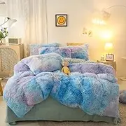 MOTNTD Blue Purple Full Duvet Cover Set Fluffy Boho Comforter Cover Full Size Faux Fur Soft Luxury Tie Dye Duvet Cover with 4 Corner Ties Furry Farmhouse Full Bedding Aesthetic Duvet Protector
