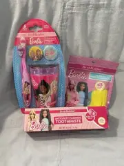 NEW Set of Kid's BARBIE Brush Buddies Toothbrush Cup Flossers Tooth Paste & Cap