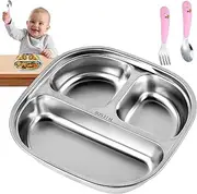 Grillix Stainless Steel Baby Plate, Divided Stainless Steel, Baby Tray with Three Compartments and Transparent Lid, Suitable for Adults, Children, Diet Control, Camping