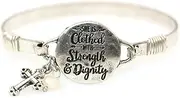 [Wonderent] She is Clothed with Strength & Dignity Christian Bangle Bracelet with Wire Design and Cross Charm and Bead