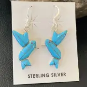 Blue Turquoise Humming Bird Indian Sterling Silver Earrings Size 1" 01424