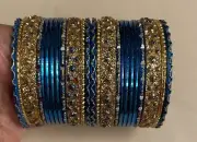 Girls glitter Blue/Gold color bangle set for Indian/Pakistani Size 2”