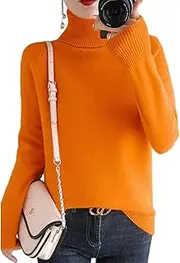 [motyeak] Women's Solid Turtleneck Knit Sweater,Winter Ribbed Knit Warm Wool Loose Long Sleeve Pullover Jumper (Orange,S)