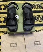NEW Auth Gucci Horsebit Platform Slide Sandals Black Rubber Size G 39 742435