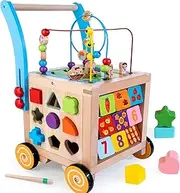 Wooden Baby Walker | 9-in-1 Wooden Activity Cube, Sit-to-Stand Learning Walker Activity Center, Early Educational Push & Pull Toys for Baby Toddler Boys Girls, Height & Brake Adjustable