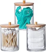 MKLZ 3 Pcs Qtip Holder and Cotton Round Pad Dispenser with Bamboo Lid, Small Clear Acrylic Containers for Cotton Swab/ball, Apothecary Jars Set for Bathroom/Restroom/Vanity/Makeup Storage Organizer