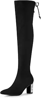 [Allegra K] Women's Chunky Heels Bling Rhinestone Over the Knee High Boots