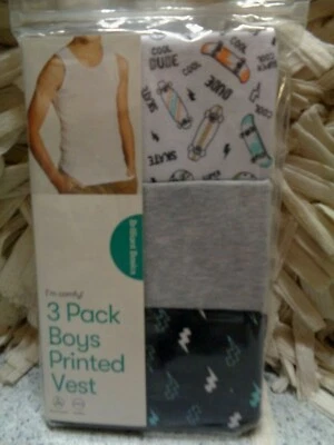 "Brilliant Basics" 3 Pk Boys Printed Vests, Size 3-4, Brand New FREE POSTAGE