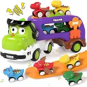 Lehoo Castle Dinosaur Toys for 2 Year Old Boys, 2 Year Old Boy Gifts, Monster Truck Toy Cars, 5 in 1 Friction Power Transport Vehicle Toys with Light and Sound 4 Pull Back Cars