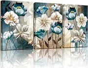 [SERIMINO] 3 Piece Lotus Flower Canvas Wall Art for Living Room White and Indigo Blue Floral Picture Wall Decor for Dining Room Bedroom Bathroom Kitchen Print Painting for Home Decorations