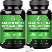 (2 Pack) Magnesium Glycinate Capsules, Supplement 400mg with Zinc,Vitamin D3 & B6 - Highly Bioavailable Absorption Bone,Heart,Joint,Immune Support 120 Vegan Capsules for Women Men