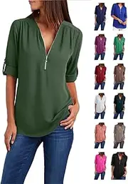 [Suhorseful] Womens Half Zip Up Shirts Chiffon Casual Long Sleeve Solid Color Blouses Office Work Golf Polo Tshirt, Army Green, 5X-Large