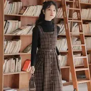 Set: Mock Neck Plain Sweater + Plaid Overall Midi A-Line Dress Set of 2 - Sweater & Dress - Coffee & Black - S