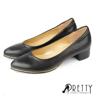 【Pretty】女鞋 跟鞋 高跟鞋 包鞋 素面 尖頭 粗跟 台灣製 OL 通勤 面試(米色、黑亮、黑色)