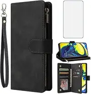 Asuwish Compatible with Samsung Galaxy A80 / A90 Wallet Case Tempered Glass Screen Protector and Leather Flip Cover Card Holder Stand Cell Phone Cases for Glaxay A 80 90 Gaxaly 80A 90A Women Men Black