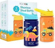 [BOZ] Kids Insulated Water Bottle with Straw Lid - Two-Pack Bundle, Construction/Safari, Stainless Steel Vacuum Double Wall Water Cup, 14 oz (414ml). Scratch-resistant and Carry Handle, Dishwasher-safe