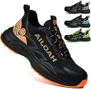 [UOQC] Safety Shoes Men Women Lightweight Work Shoes Breathable Comfortable Steel Cap Shoes Sporty Non-Slip Work Trainers Shockproof and Puncture Resistant Protective Shoes Size 38-46 EU, orange, 7.5 AU