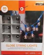 Clear Globe 20 Bulb Blue String Light Set Indoor & Outdoor NIB