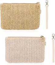 [KALIONE] 2 Pcs Straw Clutch Purse Summer Beach Straw Handbag Straw Bag Bohemian Wristlet Bag Straw Clutch Bag for Women, Beige