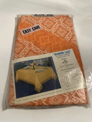 VINTAGE Diamond Lace Oval 52"X70" Flannel Back Tablecloth USA *NEW OLD STOCK