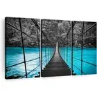 Suspension Bridge Canvas Wall Art Landscape Blue River Forest Artwork 34x20x3pc