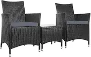 Gardeon 3pcs Wicker Patio Furniture, Bistro Set Table and Chairs Outdoor Lounge Setting Conversation Sets Dining Chair Garden Backyard, Cushion with Rattan Coffee Table Glass Tabletop Black