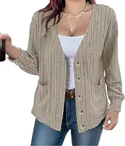 [Generic] Women's Army Green Ribbed Cardigan - Gold Button Front with Functional Pockets, Long Sleeve Knit for Casual Outfits
