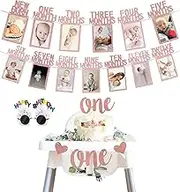 LEIAOLY 1st Birthday Photo Banner Decorations for Baby from Newborn to 12 Months, Boy or Girl Monthly Milestones Garland, One Year Old First Birthday Photo Banner Decorations with Frame (Rose Gold)