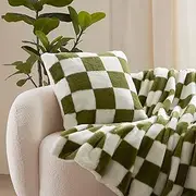 Dreamaker Checkered Plush Cushion 50x50cm - Fluffy Smooth & Soft Reversible Fleece Cover with Cushion Insert European Size Throw Pillow for Sofa Dual-Sided Texture Cushion for Couch - Olive & Cream