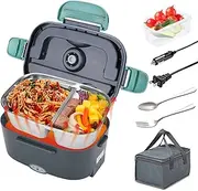 Kabbas Electric Lunch Box Food Heater with 2 Compartments 70W Leakproof Portable Food Warmer Lunch Box for Adults Car Truck Work, 12/24V&110V Self Heating Lunch Box with 1.5L Removable Container