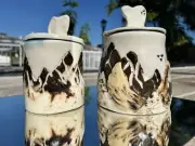 Artist Signed Studio Pottery Moutain Jars MULTICOLORED INSIDE Black Clay Nature
