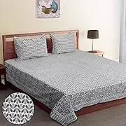Cotton 144 TC 1 Bedsheet with 2 Pillow Covers Sanganeri Jaipuri Print (Size 90 inches x 108 inches) Standard King Size Bedsheet for Home and Living Room (Turquoise Checkered)