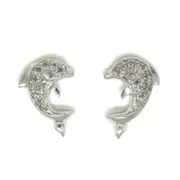 14k White Gold Round Diamond Dolphin Earrings 1/6 Cttw