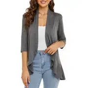 Women's Three Quarter Sleeves Ruffles Open Front Cardigans - Dark Grey