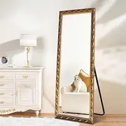 French Style Decorative Gold Dressing Floor Mirror 80x180cm Full Length Free Standing 5mm Aluminium Mirror High Definition Reflections Elegant PS Frame for Bedroom Dressing Room Livingroom Hallway