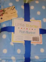 LITTLE STARTER BLANKET POLKA DOTS BLUE WHITE PLUSH BOY GIRL FLEECE 30 X 40" SOFT