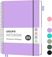 RETTACY Squared Spiral Notebook B5 Graph Grid Wirebound Journal with 140 Pages,PVC Pocket, Pen Loop, Ruler, Bookmark for Women Men Work Office School, 19 x 25 cm- Lilac