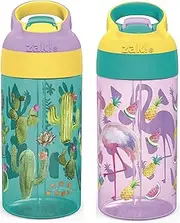 Zak Designs 16oz Riverside Desert Life Kids Water Bottle with Straw and Built in Carrying Loop Made of Durable Plastic, Leak-Proof Design for Travel, Cactus-Flamingo Pineapple, 2PK Set
