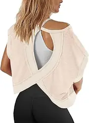 [Panadila] Womens Open Back Workout Top Oversized Workout T Shirts Backless Athletic Shirt Short Sleeve Baby Tee