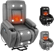 ALFORDSON Power Lift Recliner Chair, Electric Lounge Sofa, Linen Fabric Heated Massage Armchair with Dual USB Charging Ports for Bedroom, Living Room and Home Office,165° Recline, Remote Control, Grey