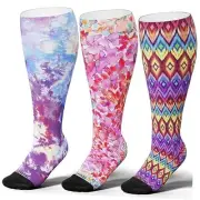 Plus Size Compression Socks Wide Calf Large 3 Pairs/Purple Mix Printing