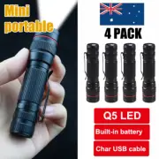 4PCS Mini LED Torch USB Rechargeable Small Flashlight Tactical Lamp Zoom Camping