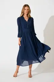 Women's Party Lustre Midi Dress Full Length Sleeve in Navy Chiffon 8